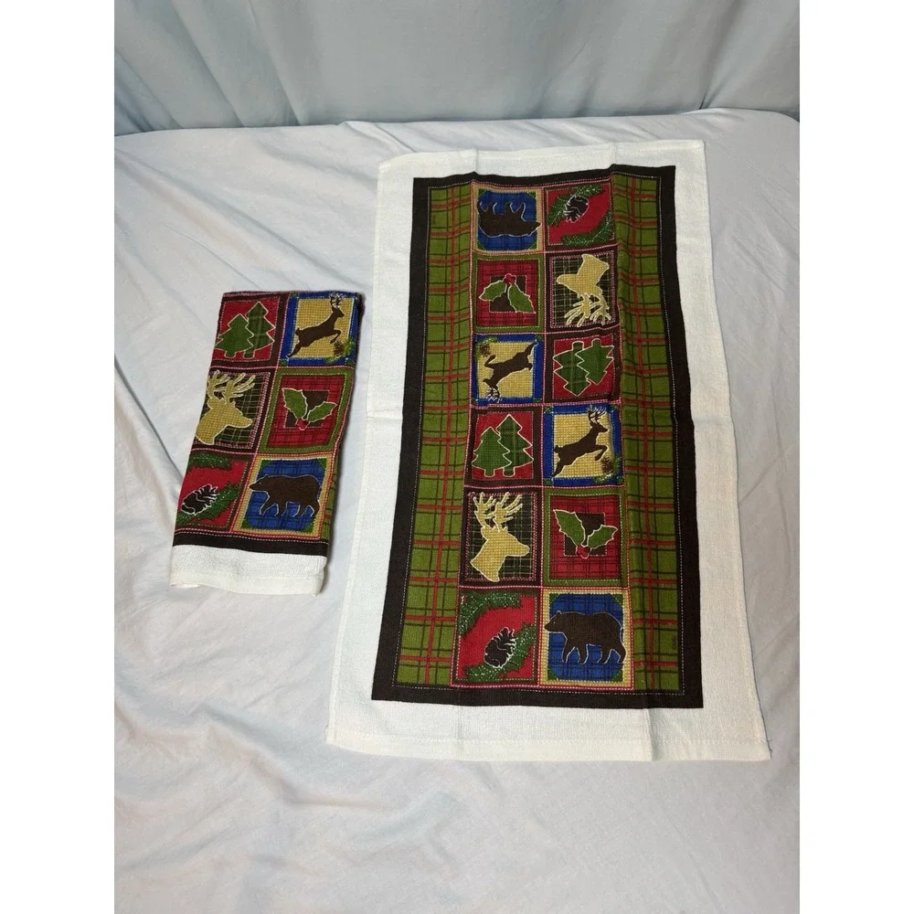 Christmas Kitchen Towels Lot of 2 Apple Country Bear Buck Deer Plaid Grandpacore